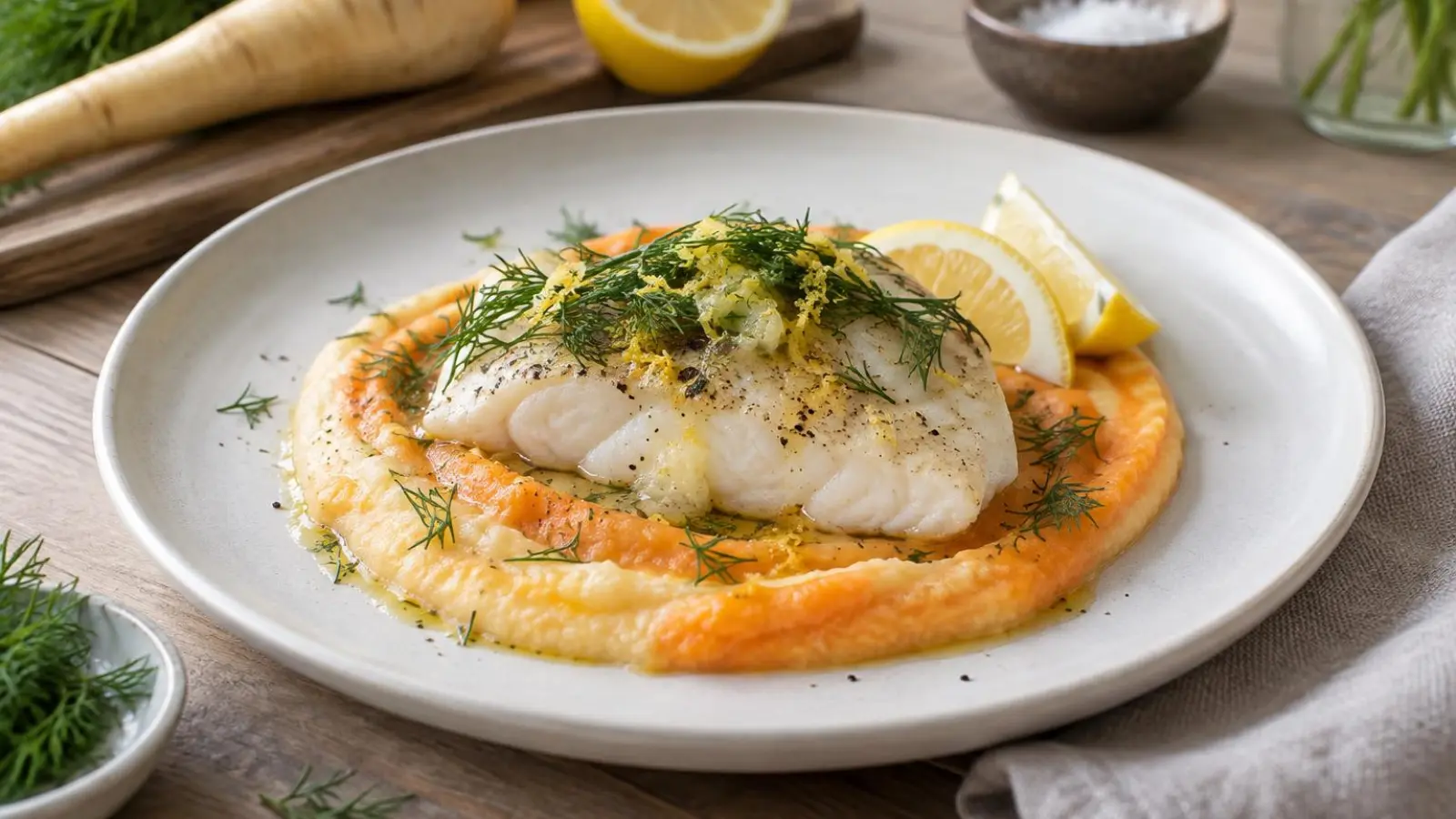 Bagt kuller med dild og citron serveret på silkeblød rodfrugtpuré