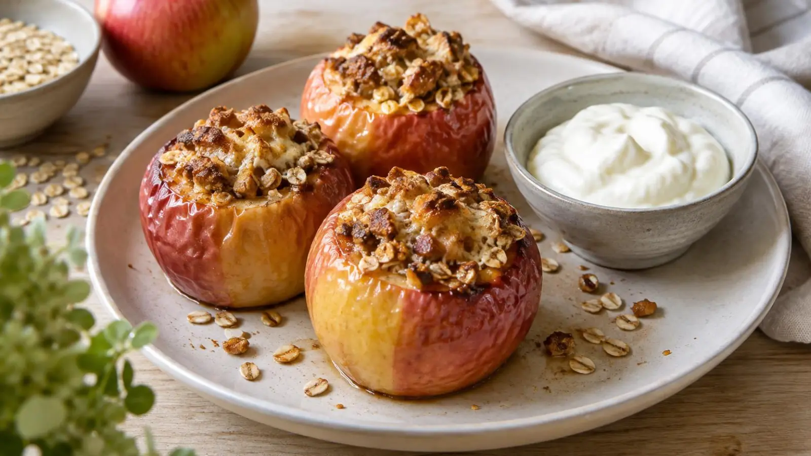 Lune bagte æbler fyldt med marcipan og havregryn, serveret med cremefraiche