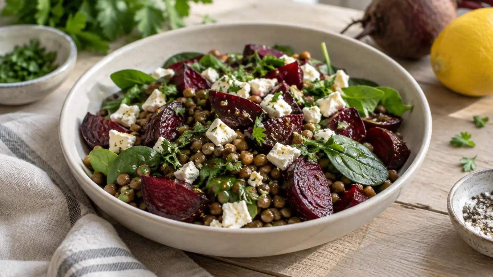 Lun salat med bagte rødbeder, grønne linser, smuldret feta og frisk persille