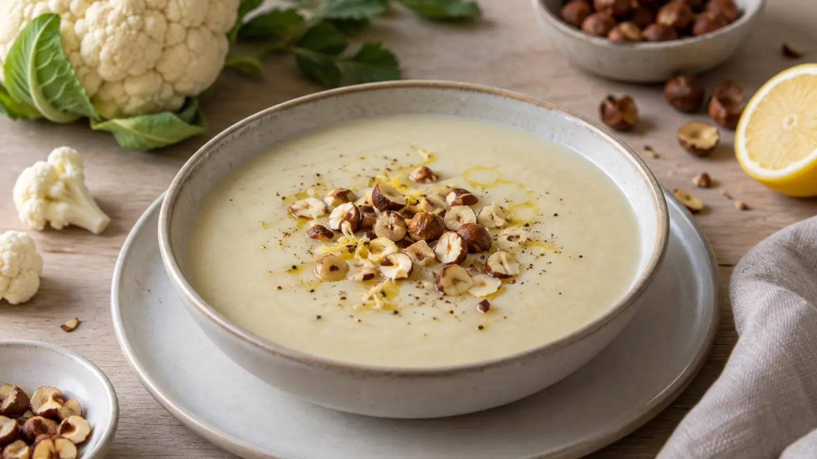 Cremet blomkålssuppe med grofthakkede, ristede hasselnødder i en lys skål
