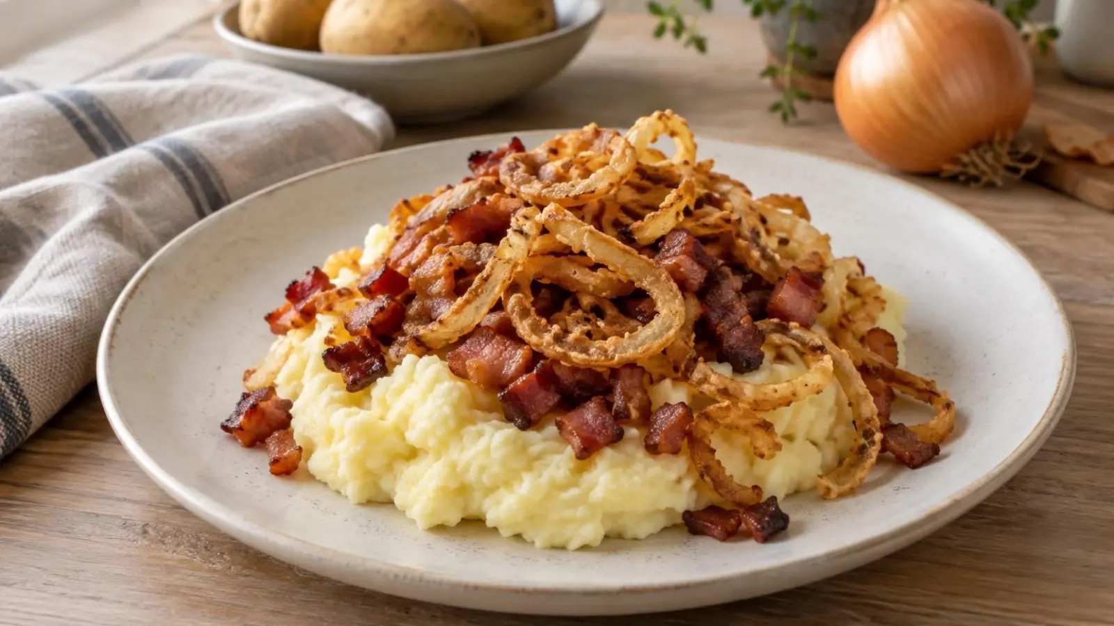 Brændende kærlighed med luftig kartoffelmos, sprøde løg og gyldne bacontern på en lys tallerken