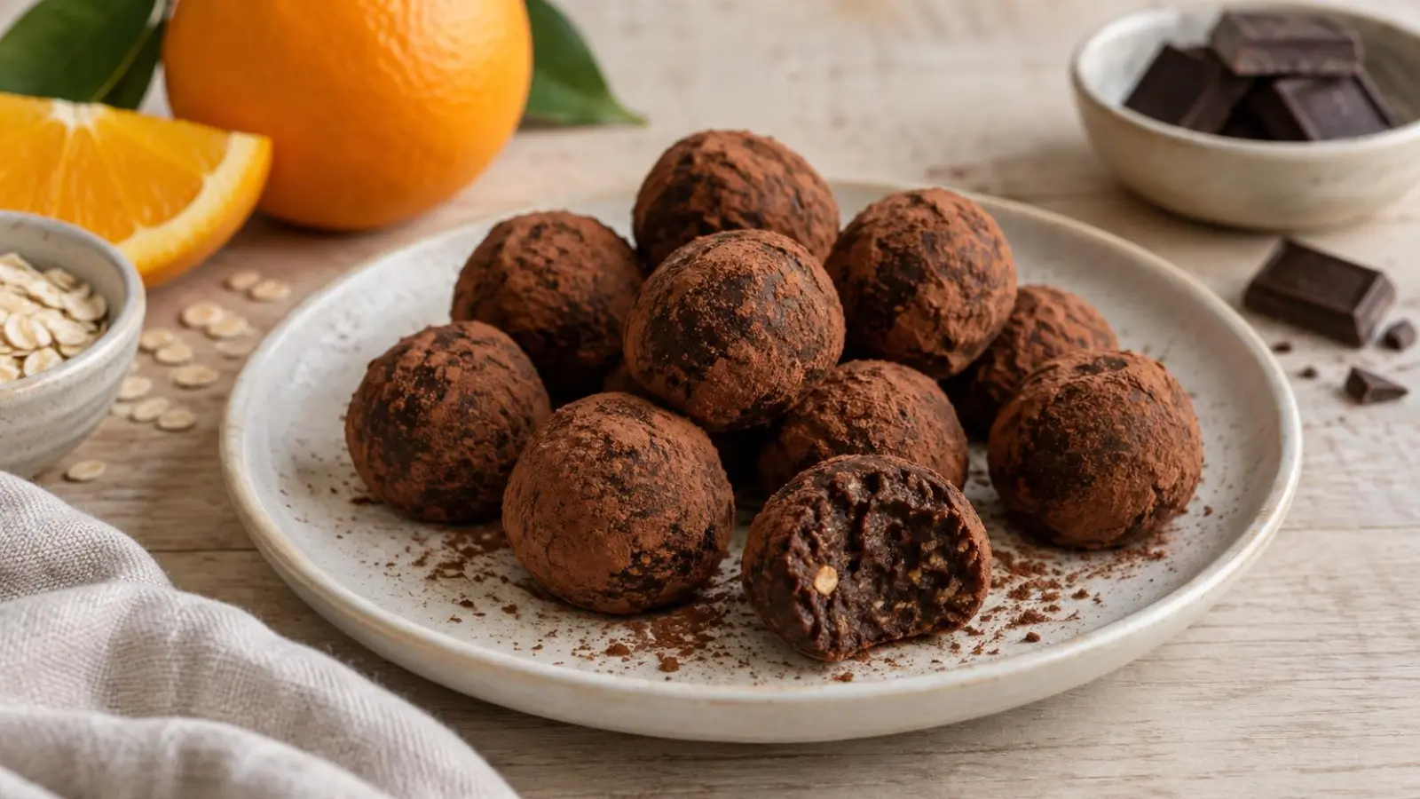 Kakaodryssede chokoladeappelsintrøfler med havre på et lyst keramisk fad