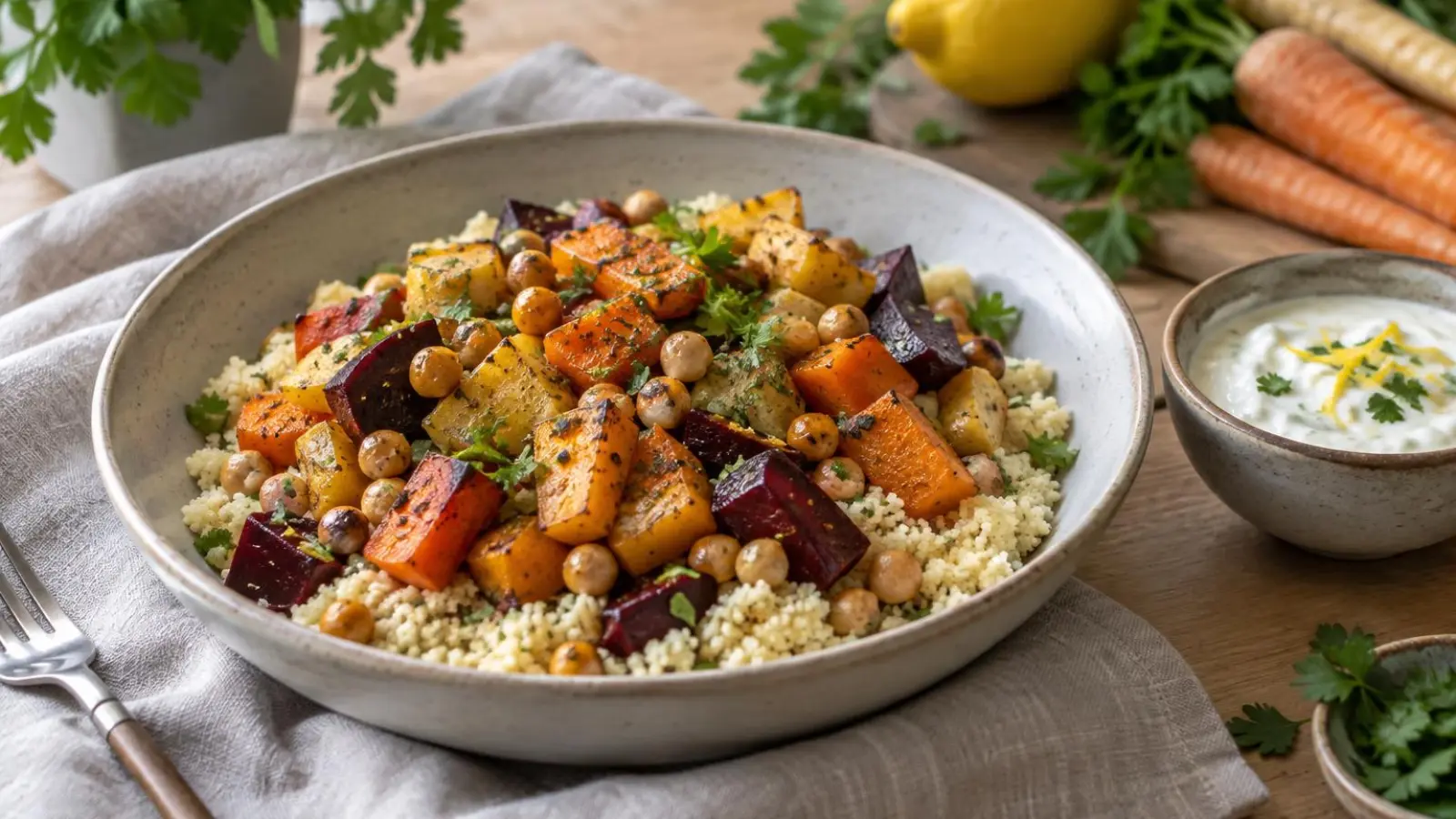 Couscous toppet med varme rodfrugter, kikærter, persille og citronyoghurt