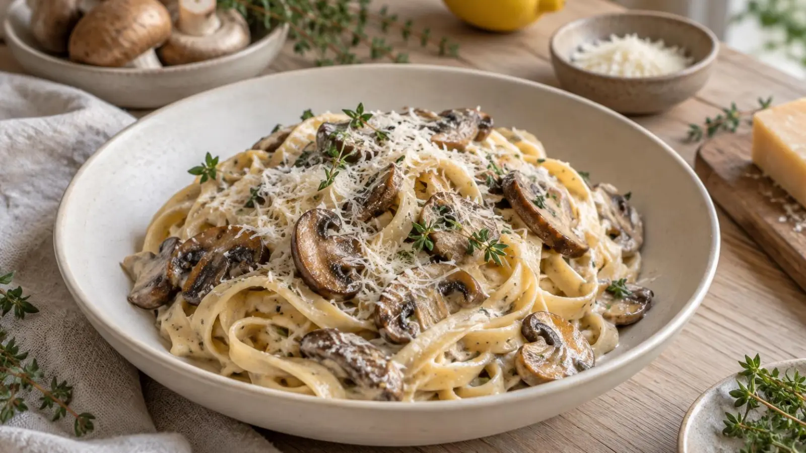 Cremet pasta med gyldne svampe, parmesan og timian på en lys tallerken