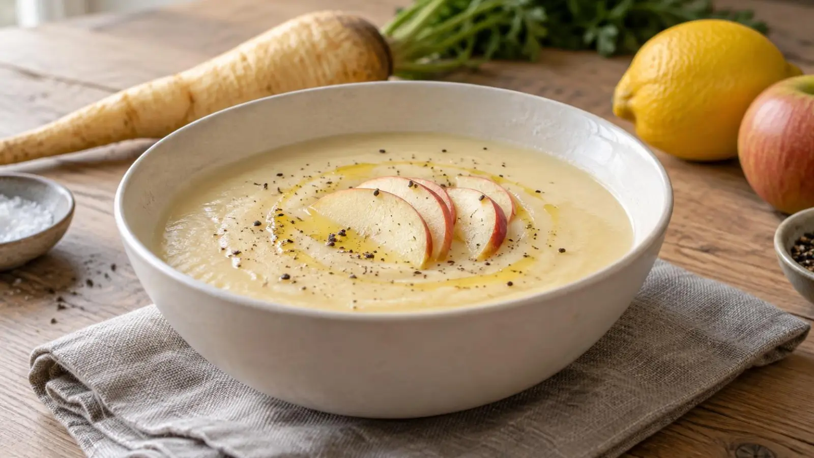 Cremet pastinaksuppe med tynde æblebåde og sort peber i en lys skål