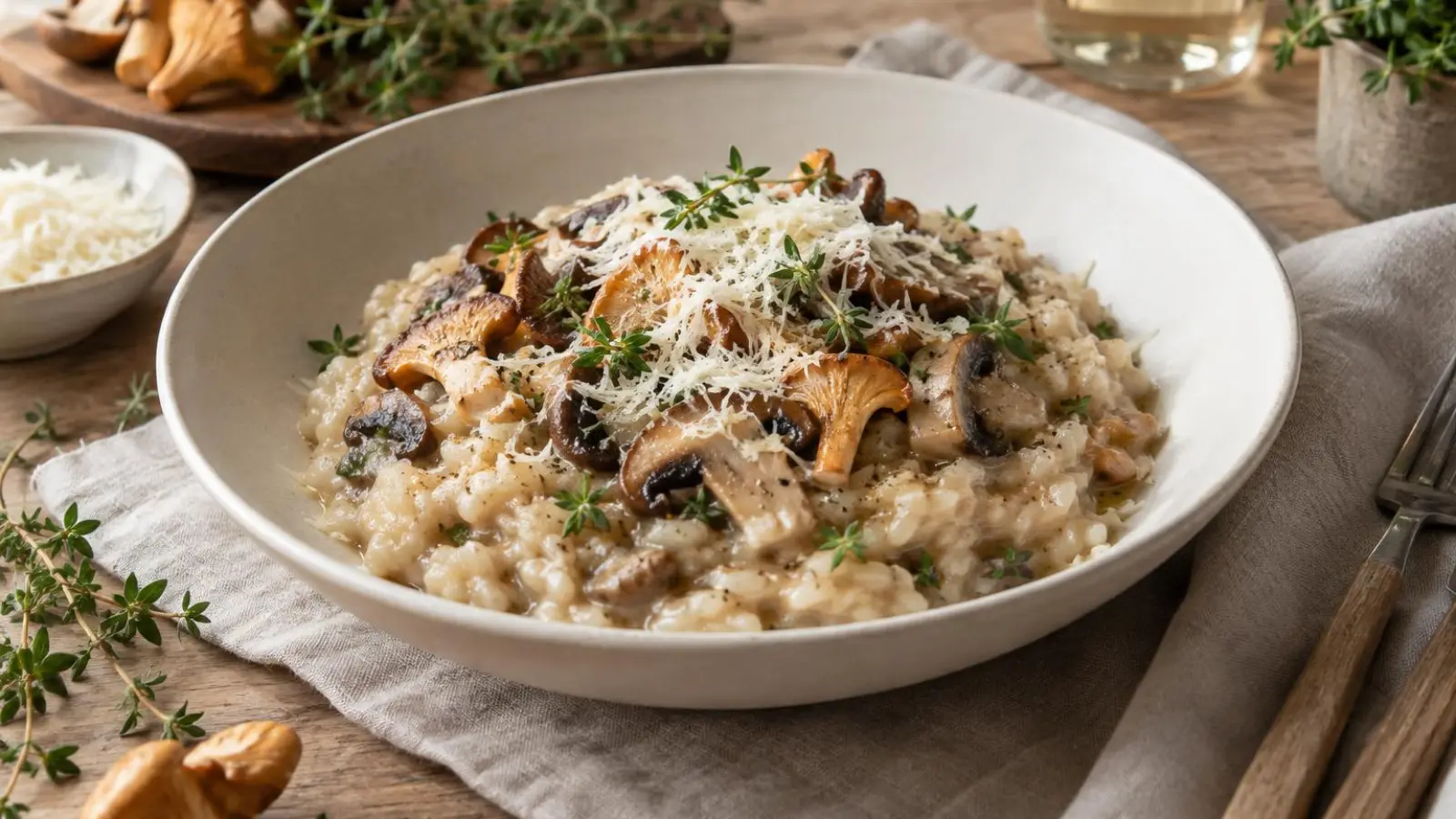Cremet svamperisotto med gyldne svampe, parmesan og frisk timian i en lys skål
