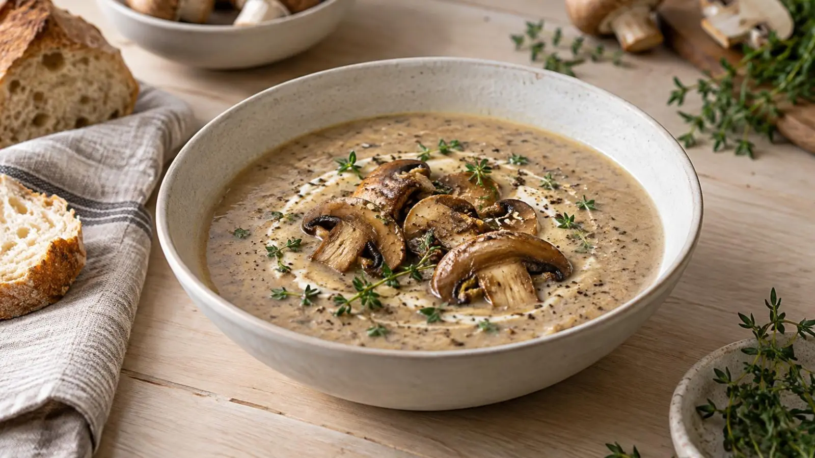 Cremet svampesuppe med gyldne svampe, frisk timian og rustikt brød på et lyst bord