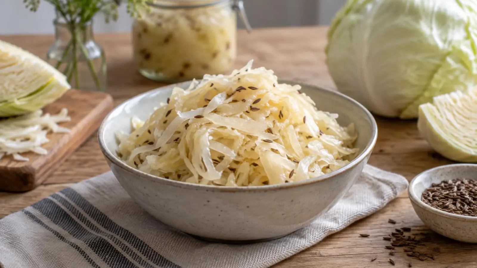 Sprød fermenteret hvidkål med kommen i en skål på et lyst nordisk bord