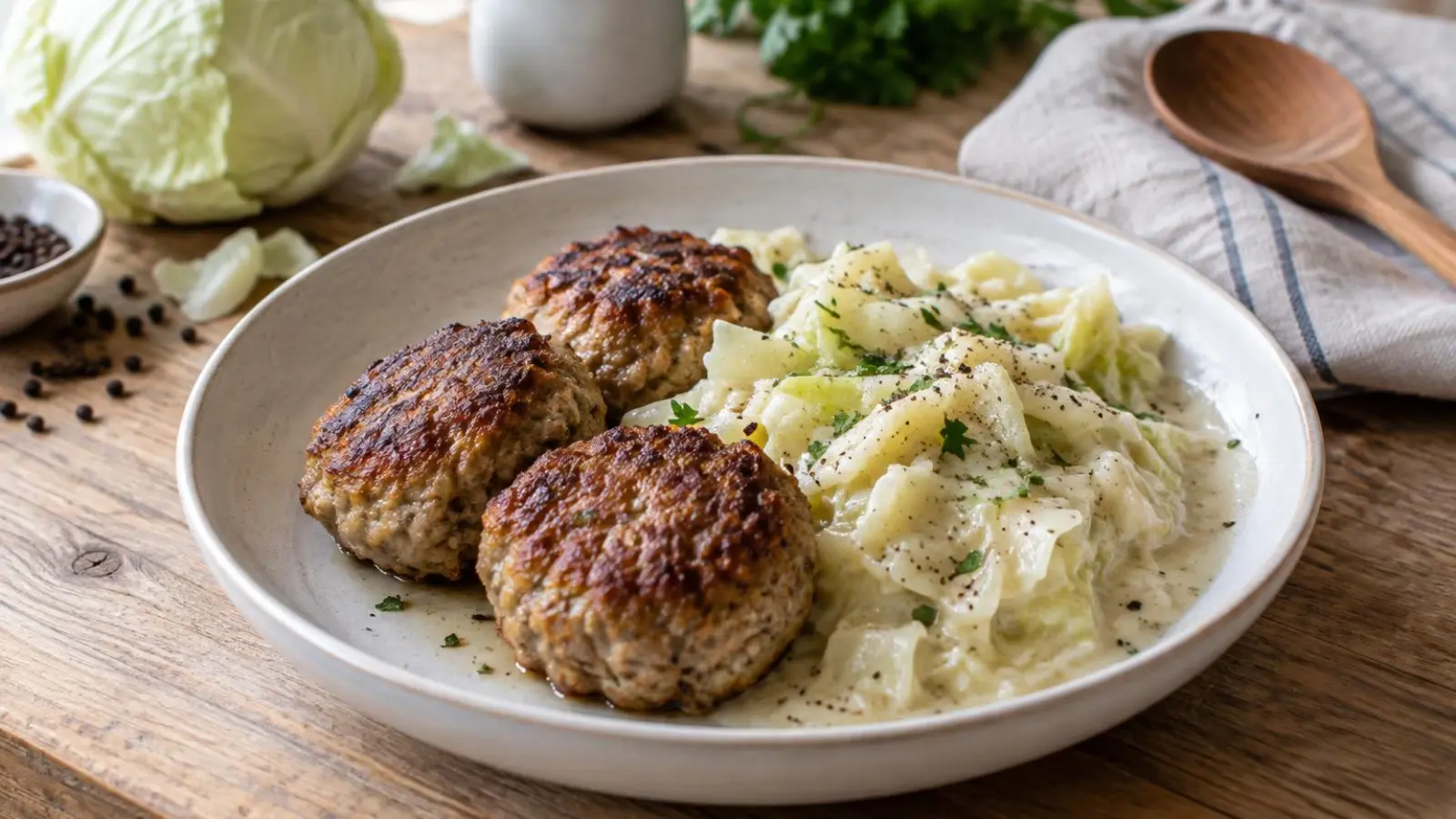 Gyldne frikadeller serveret med cremet stuvet hvidkål på en lys tallerken