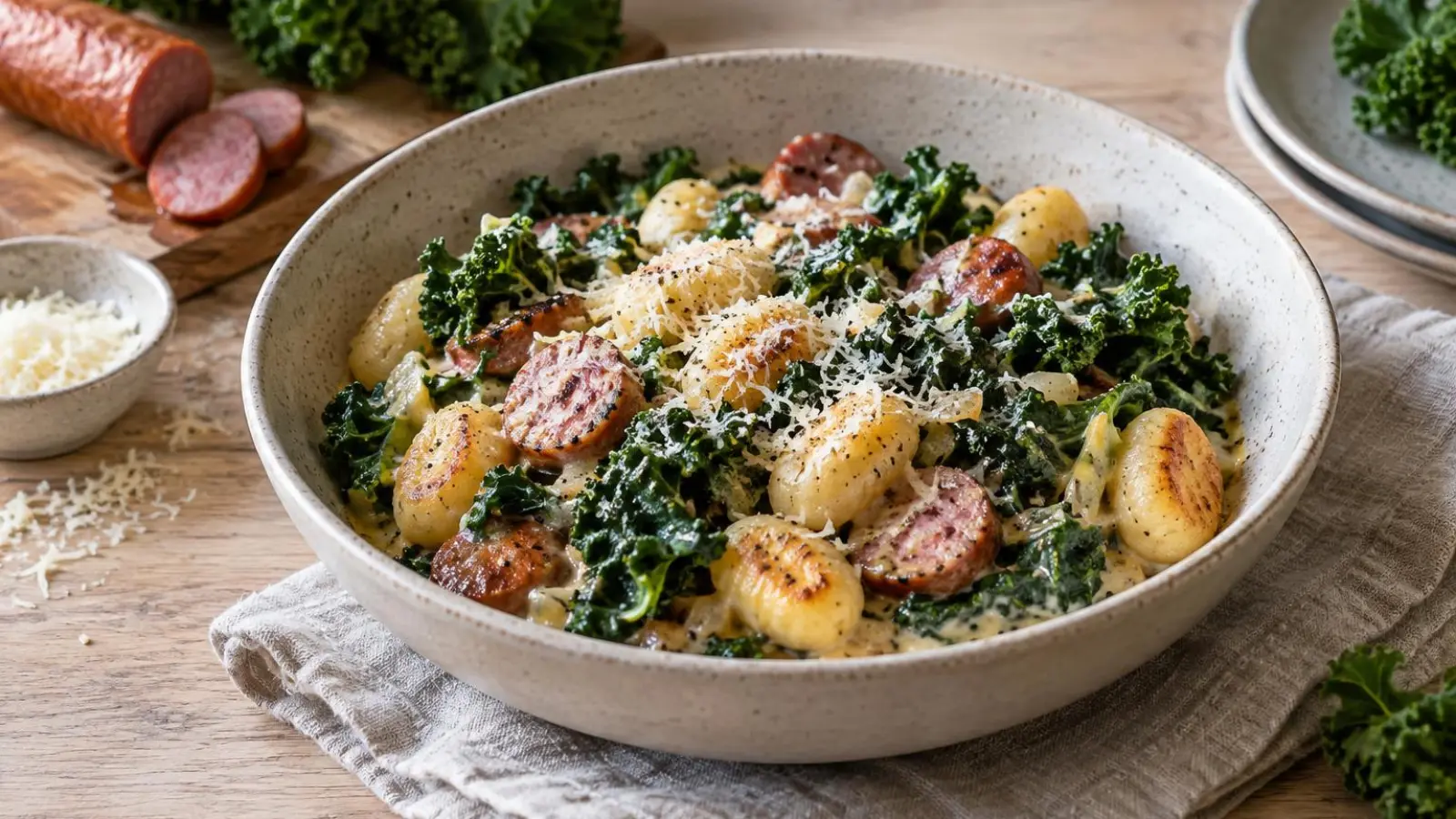Gyldne gnocchi med grønkål og brunet pølse i cremet sauce på en enkel tallerken