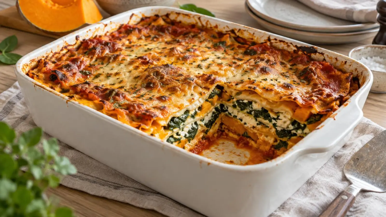 Græskarlasagne med spinat og ricotta i et fad med gylden ost og tydelige lag