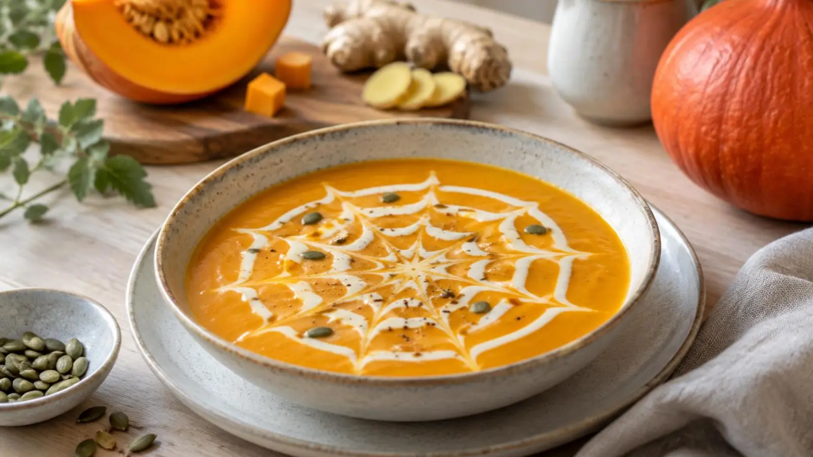 Cremet orange græskarsuppe med kokosmælk og flødespindelvæv i en lys skål