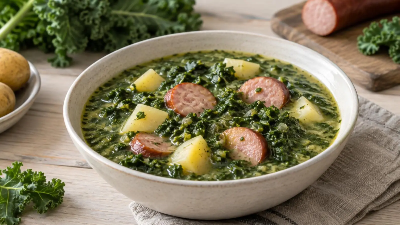 Grønkålssuppe med kartoffelstykker og brunede skiver af røget pølse i en dyb skål