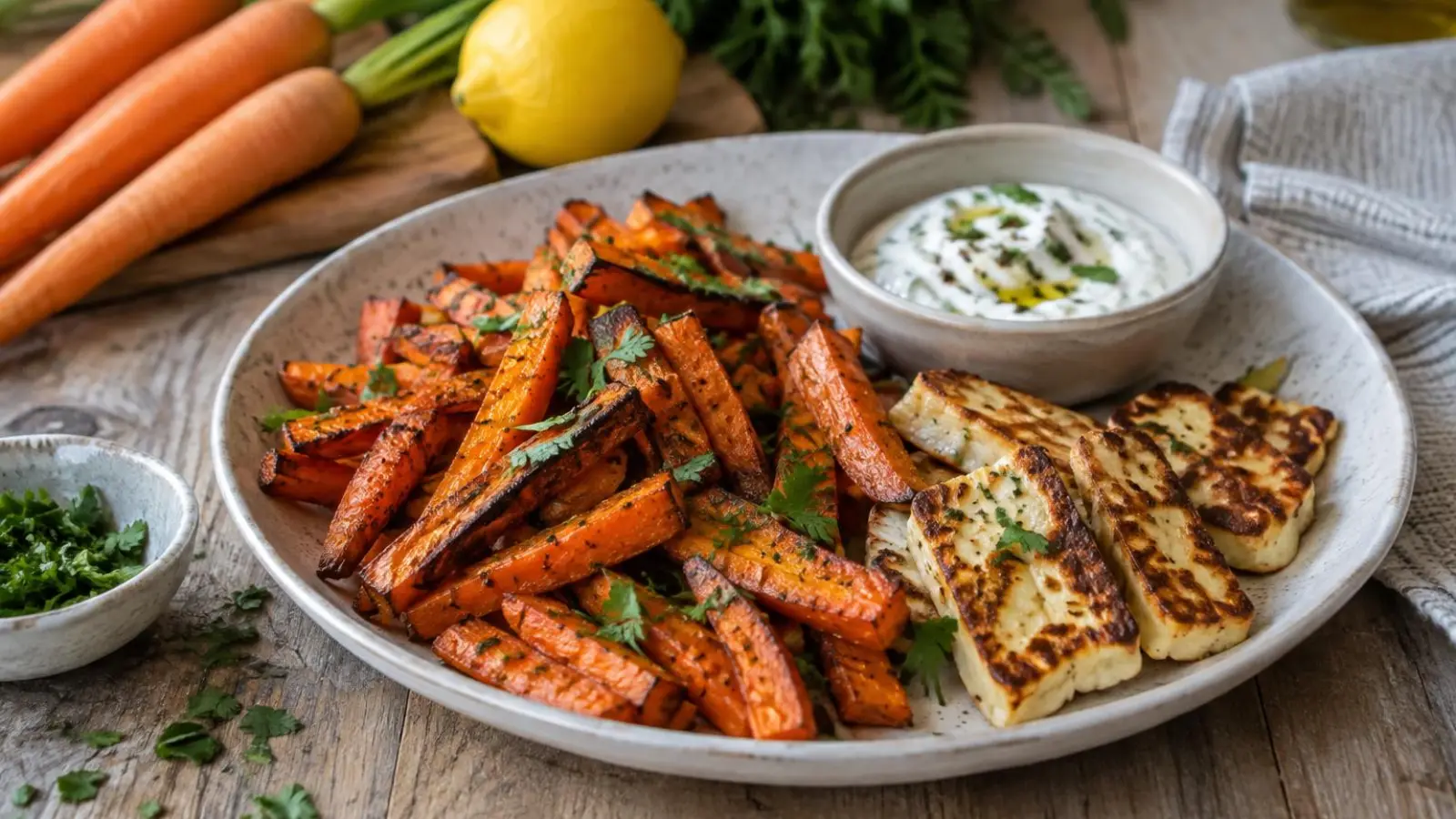Gulerodsfritter med gylden halloumi og yoghurtdip på et lyst serveringsfad