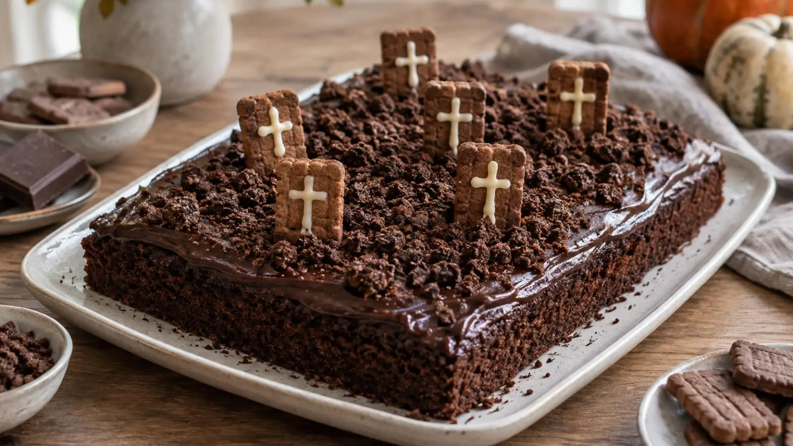 Firkantet Halloweenkage med chokoladeganache, kagejord og små gravsten af kiks