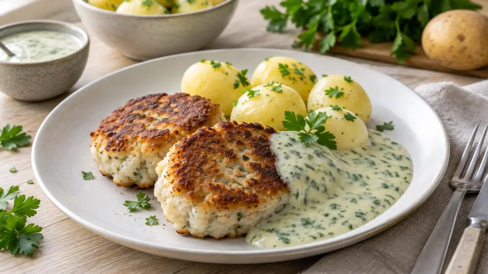 Gyldne fiskefrikadeller med persillesovs og kogte kartofler på en enkel tallerken