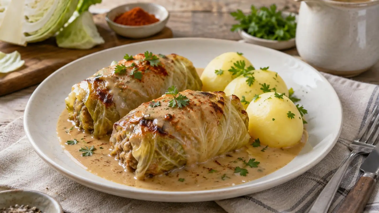 Hvidkålsrouletter med krydret oksekød og cremet sauce serveret med kogte kartofler