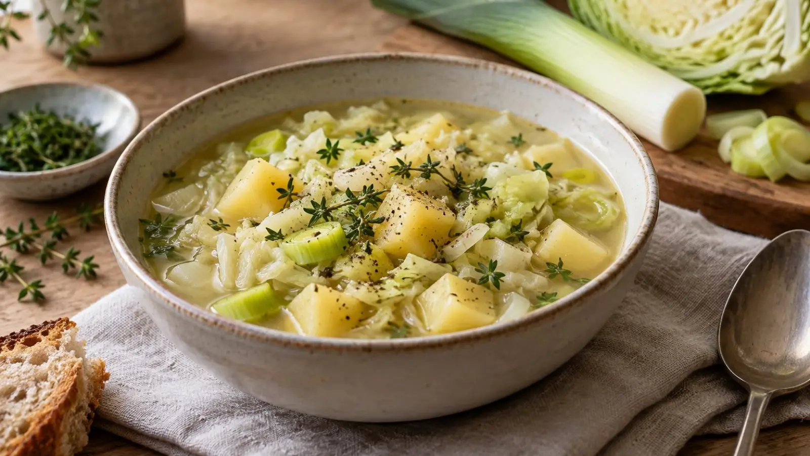 Hvidkålssuppe med kartofler og porrer serveret i en lys skål på et enkelt efterårsbord