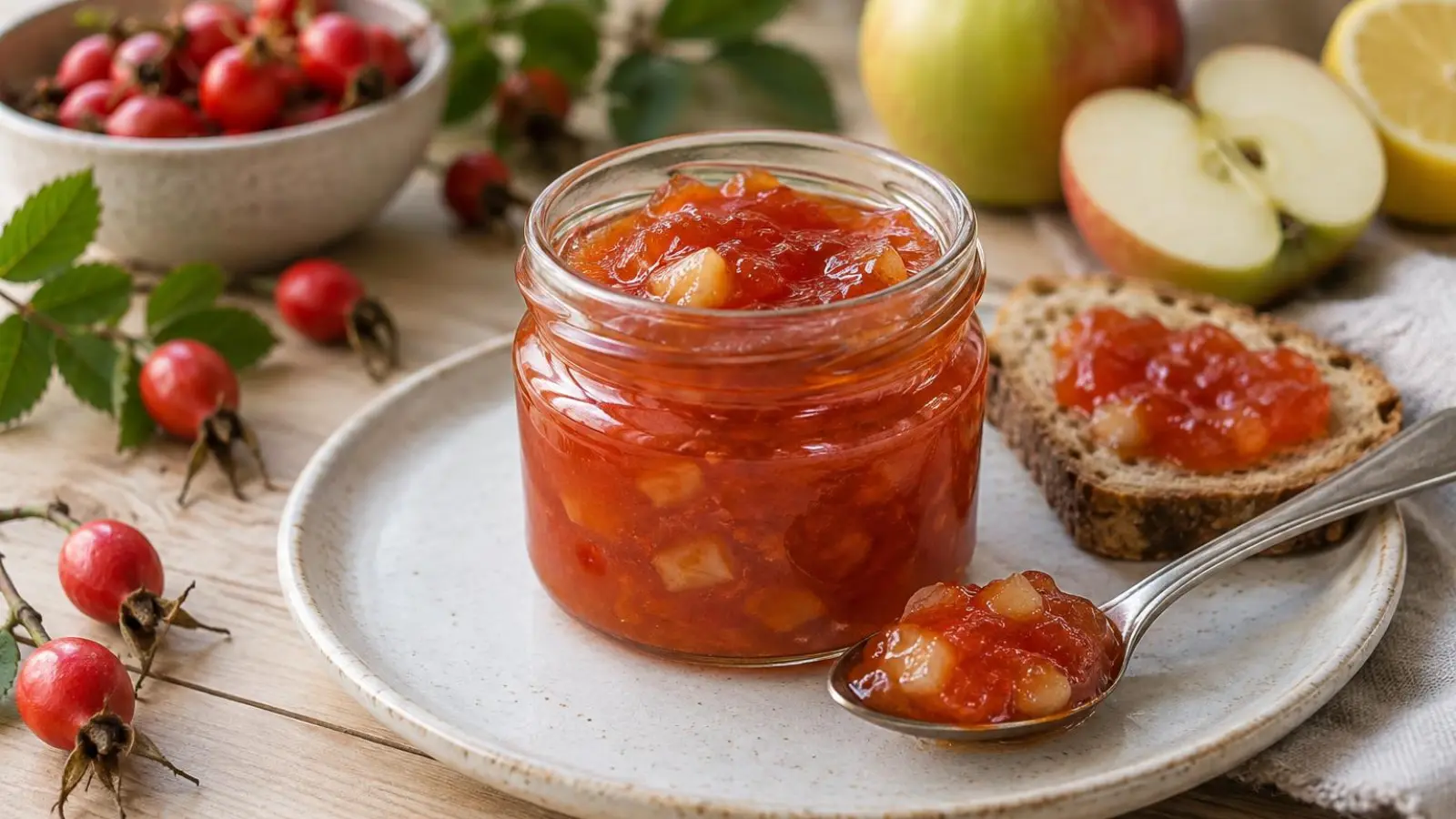 Rødorange hybenmarmelade med æblestykker i et lille glas på et lyst bord