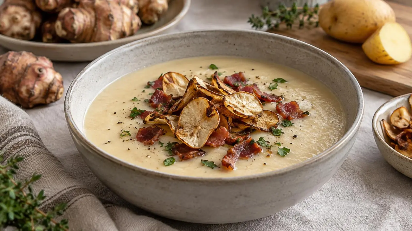 Cremet jordskokkesuppe toppet med sprød bacon og gyldne jordskokkechips i en keramikskål
