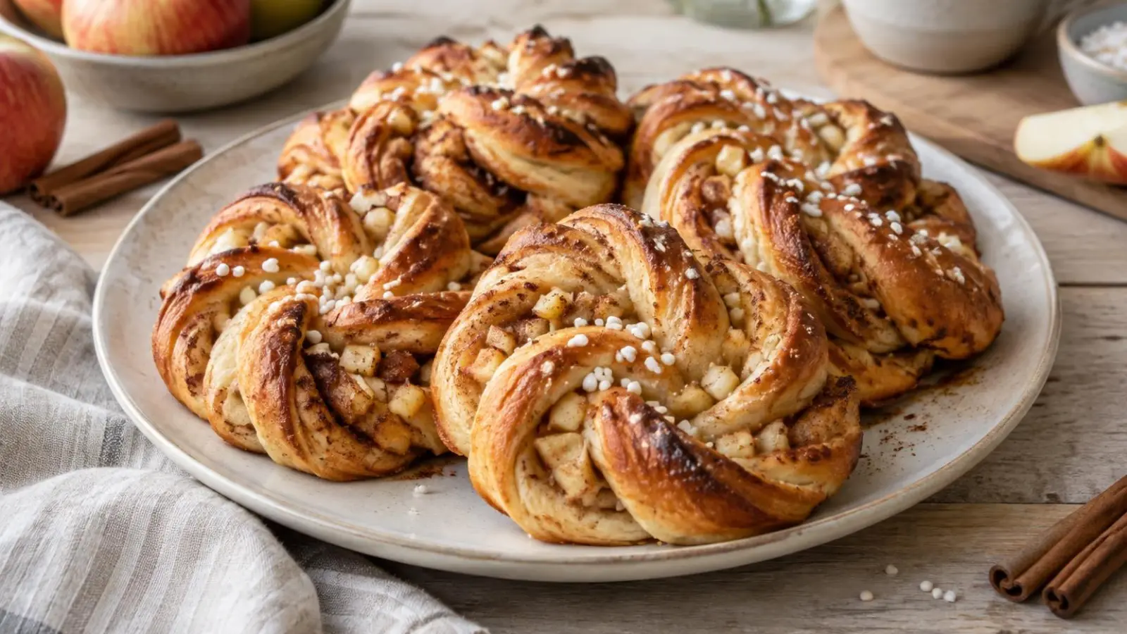 Gyldne kanelsnurrer med små æbletern og perlesukker på et lyst fad