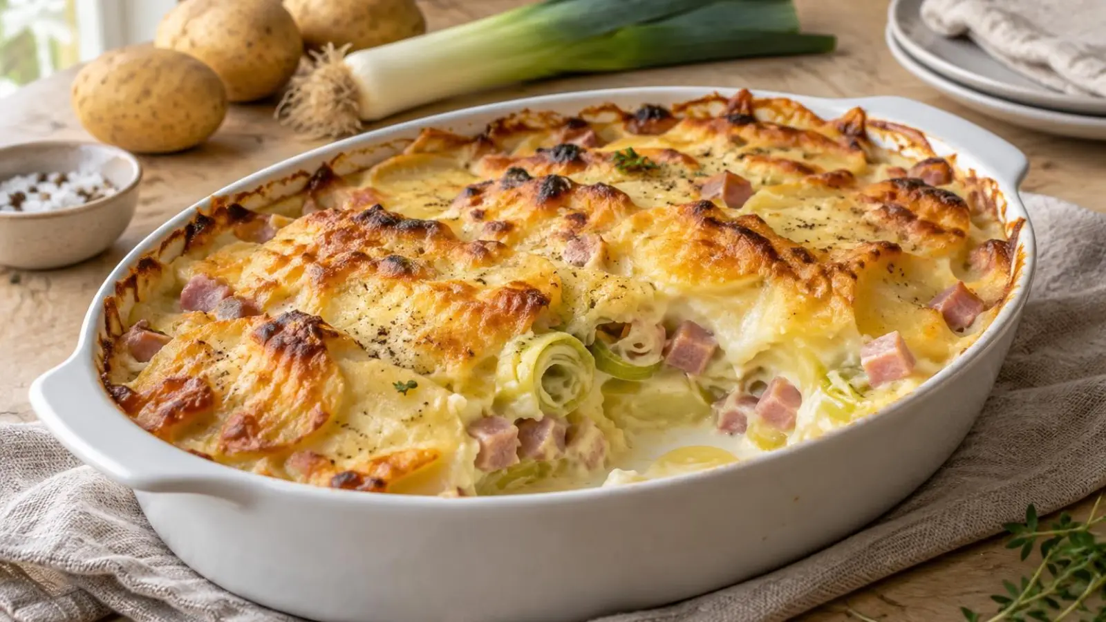 Gylden kartoffelgratin med porrer og skinke i et hvidt ovnfast fad