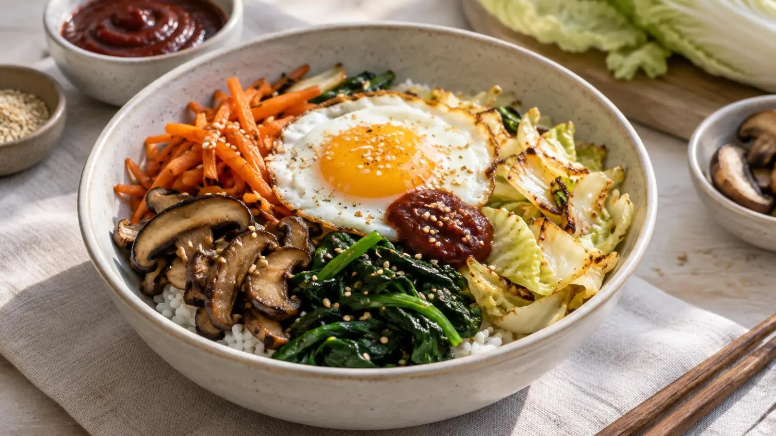 Bibimbap med ris, stegt efterårskål, grøntsager, spejlæg og stærk sauce i en skål