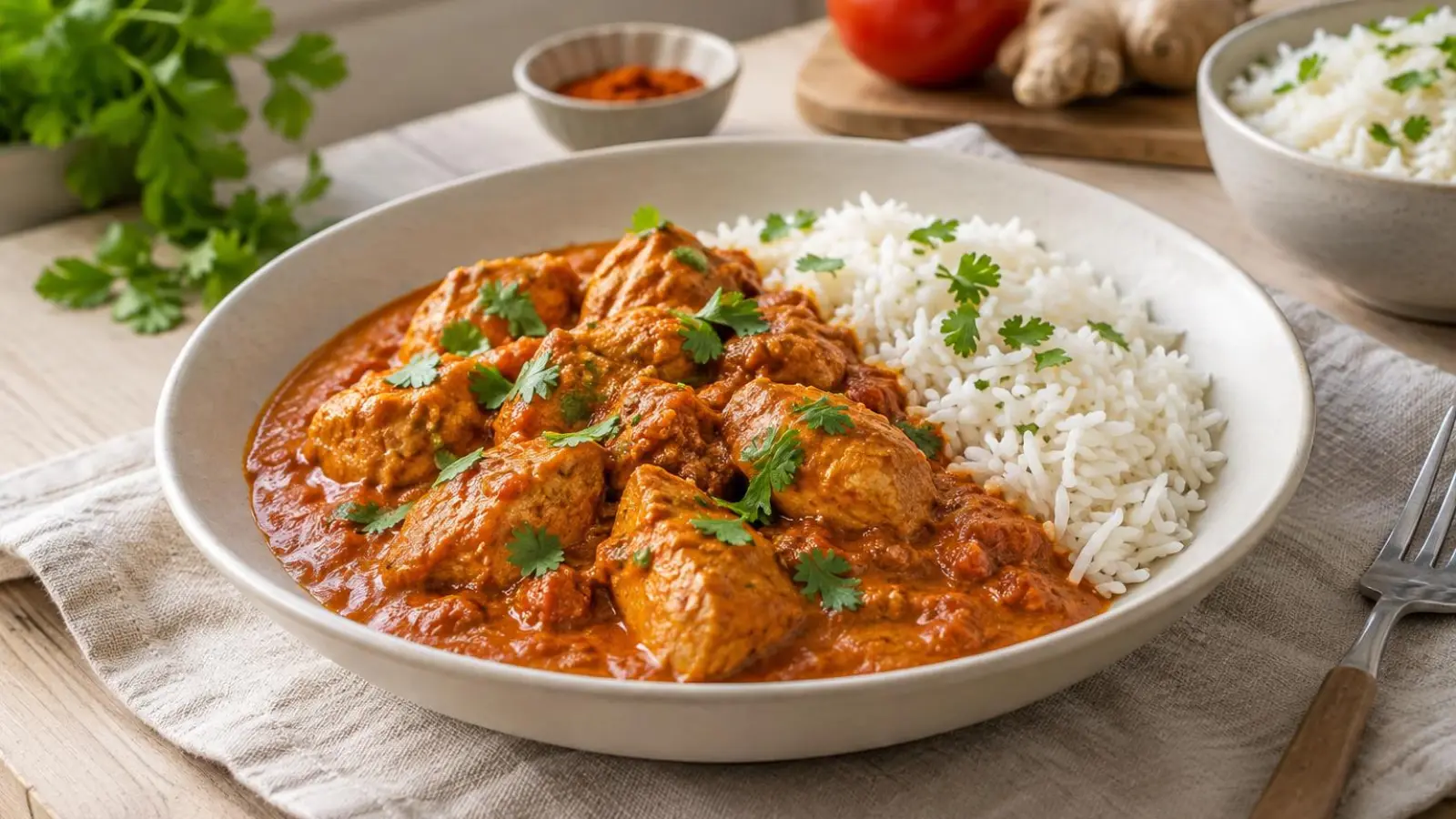 Mild kylling tikka masala i cremet tomatsauce med løse basmatiris