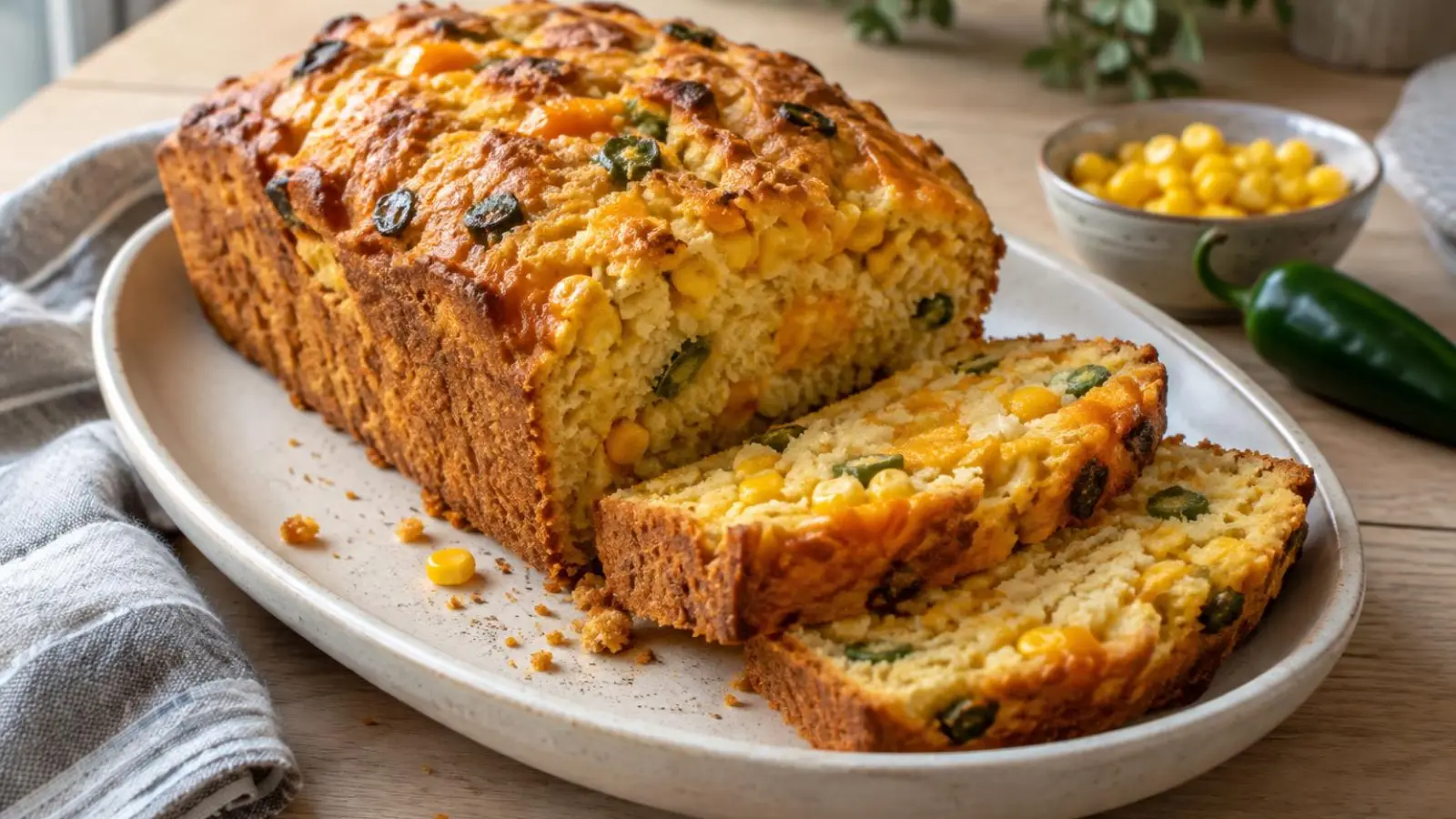 Gyldent majsbrød med cheddar og grønne jalapeñostykker på et lyst keramisk fad