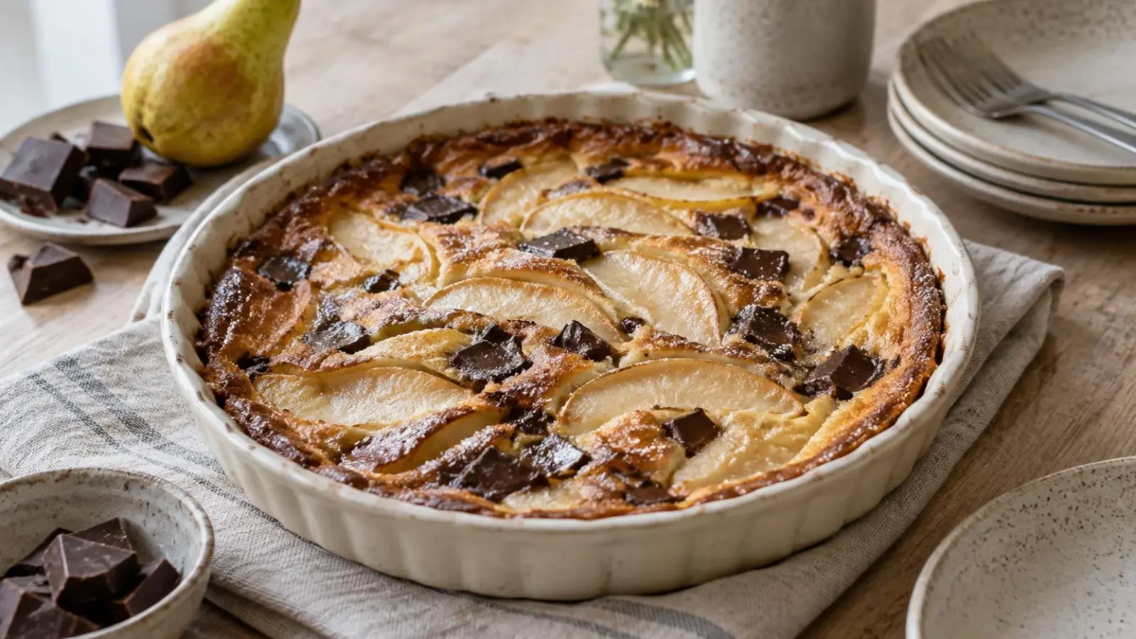 Pæreclafoutis med mørk chokolade serveret lun i et lyst keramisk fad