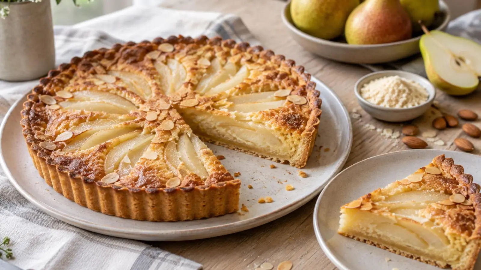 Pæretærte med gylden mandelfrangipane og modne pærebåde på en enkel tallerken