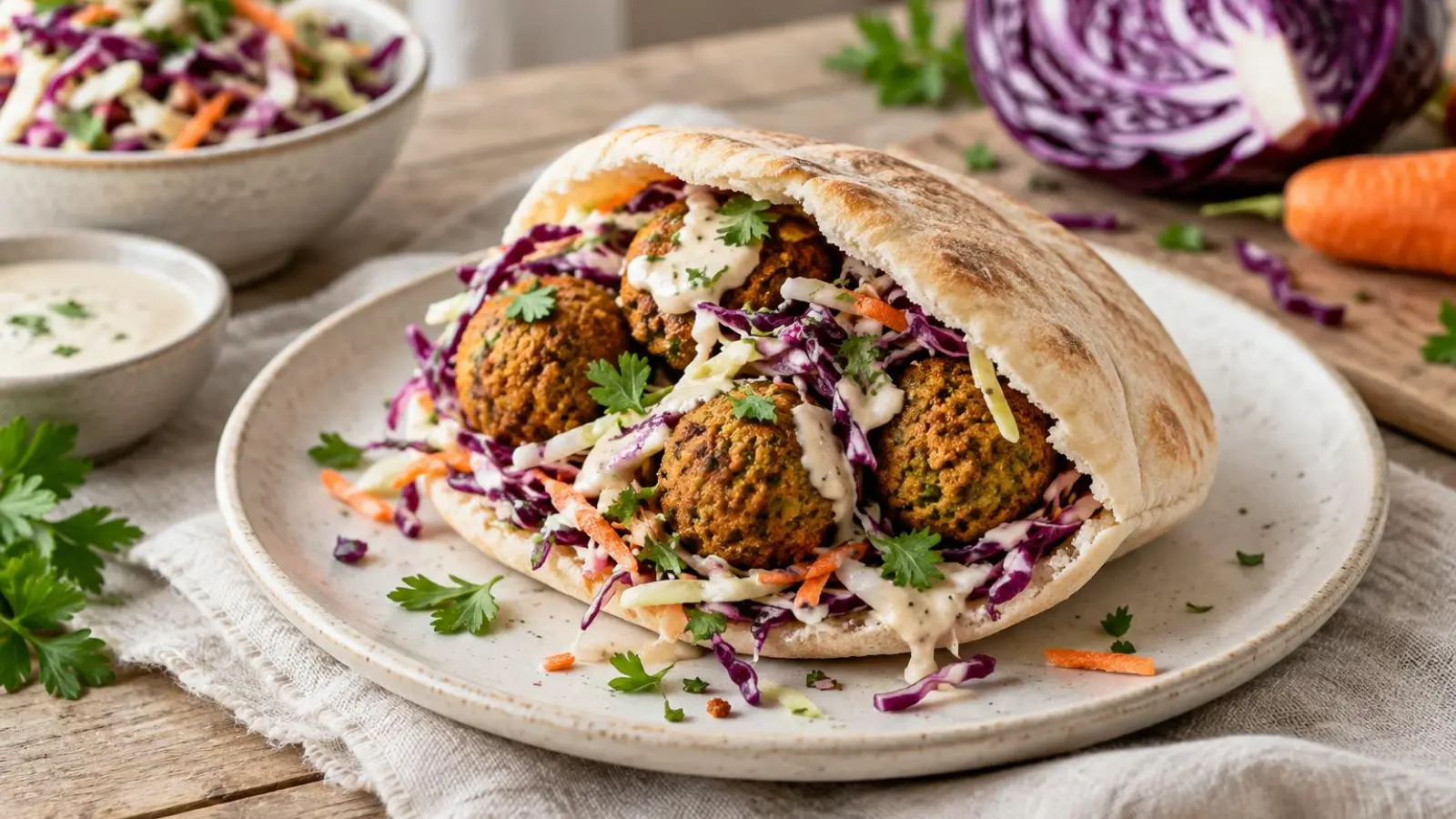 Pitabrød fyldt med gyldne falafler og farverig, sprød kålslaw på en lys tallerken