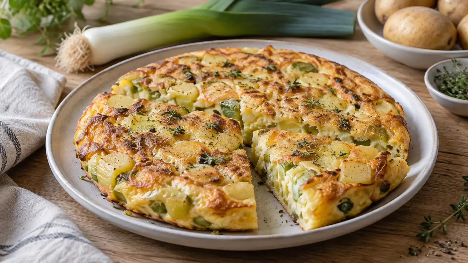 Gylden porreomelet med kartofler og smeltet ost på en enkel tallerken