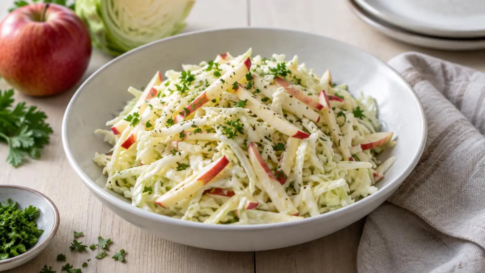Fintsnittet hvidkål og æble vendt med mild dressing i en enkel skål