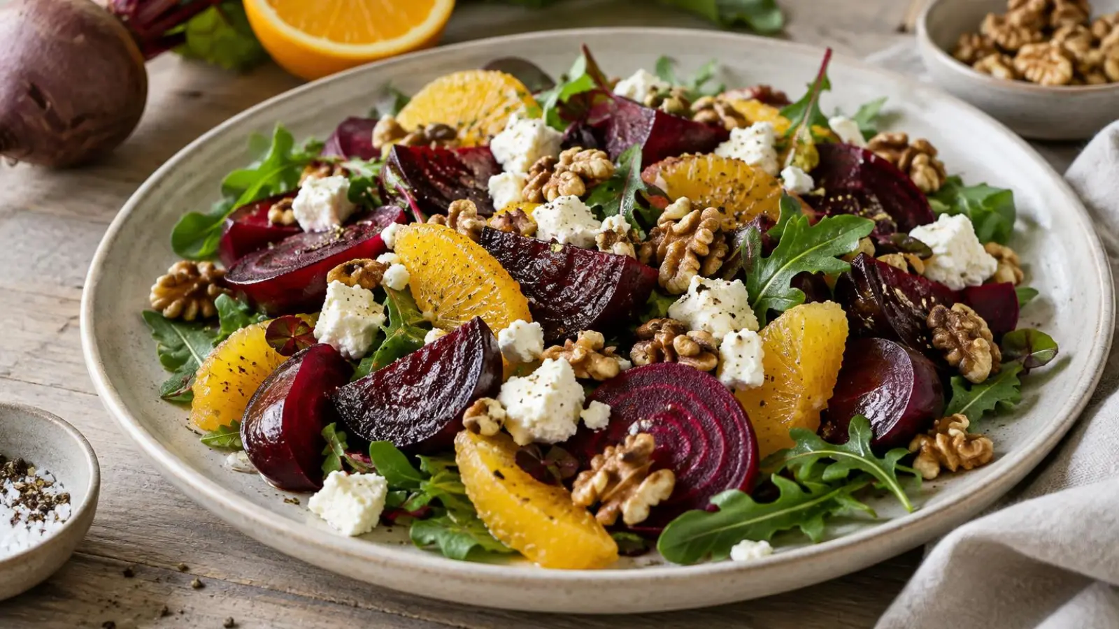 Rødbedesalat med rå og bagte rødbeder, appelsin, feta og ristede valnødder på et lyst fad