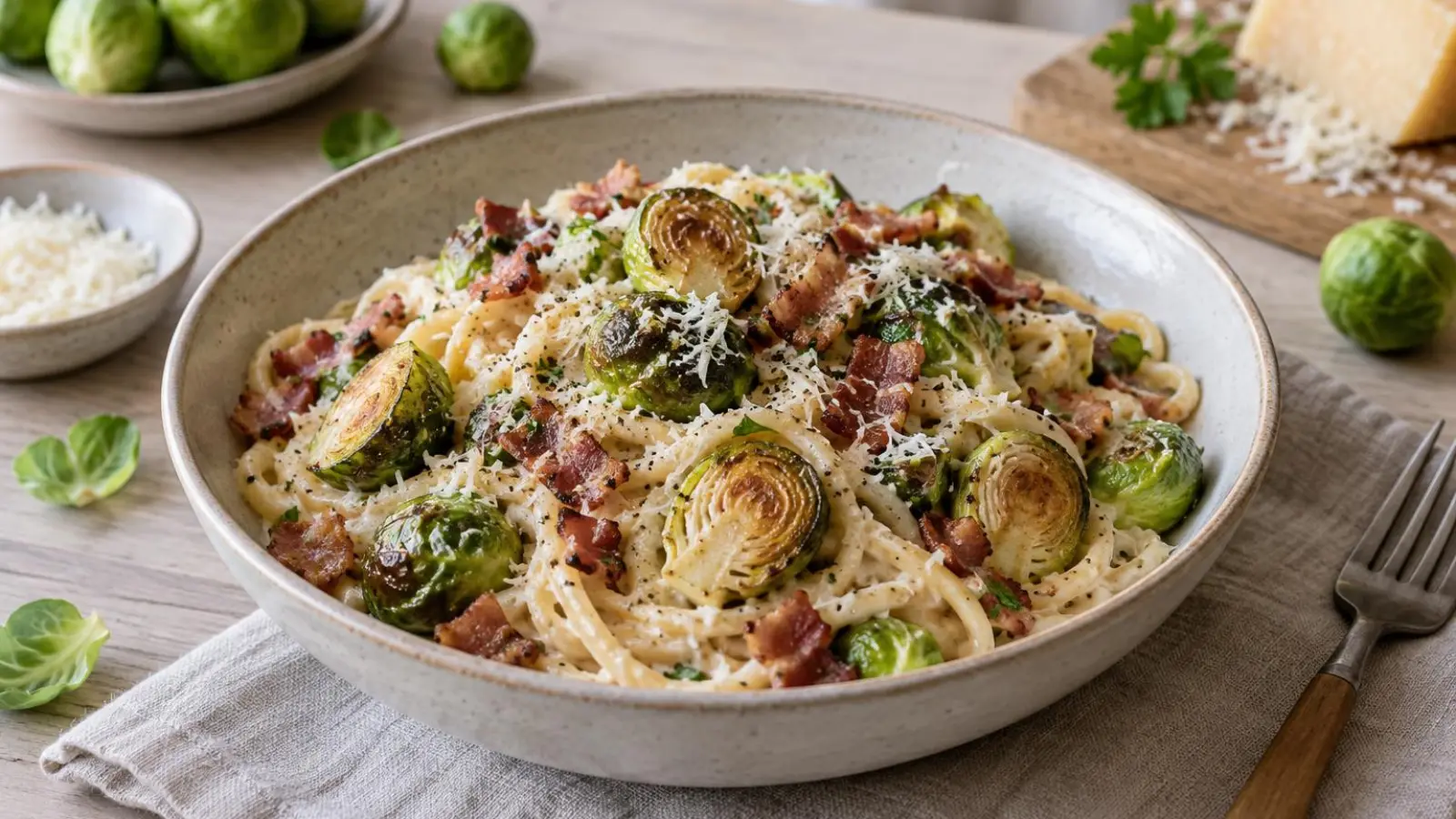 Cremet rosenkålspasta med gyldne kål, sprød bacon, parmesan og hakket persille