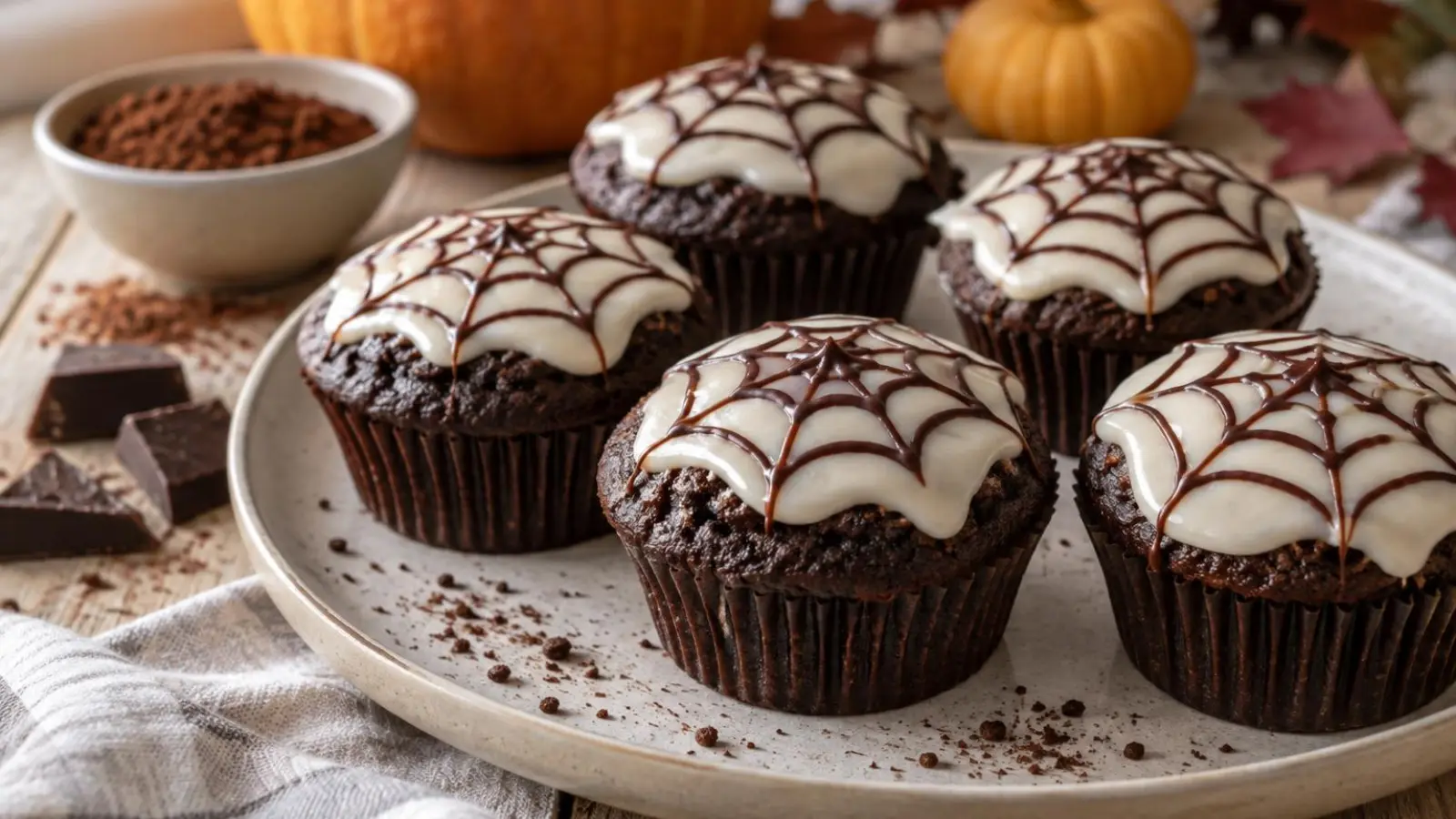 Chokolademuffins med hvid glasur og mørke spindelvæv på et enkelt fad
