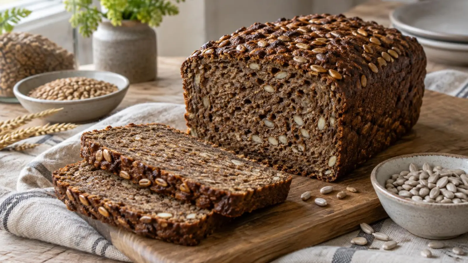 Saftigt, mørkt rugbrød med synlige solsikkekerner på et skærebræt