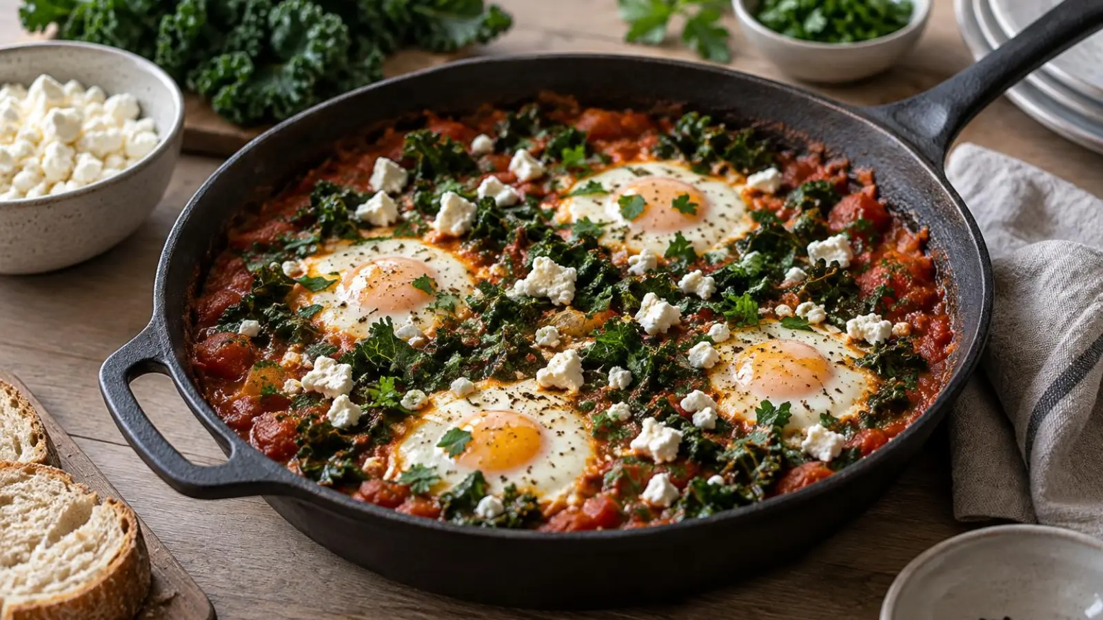Shakshuka med grønkål, pocherede æg og smuldret feta serveret direkte fra panden