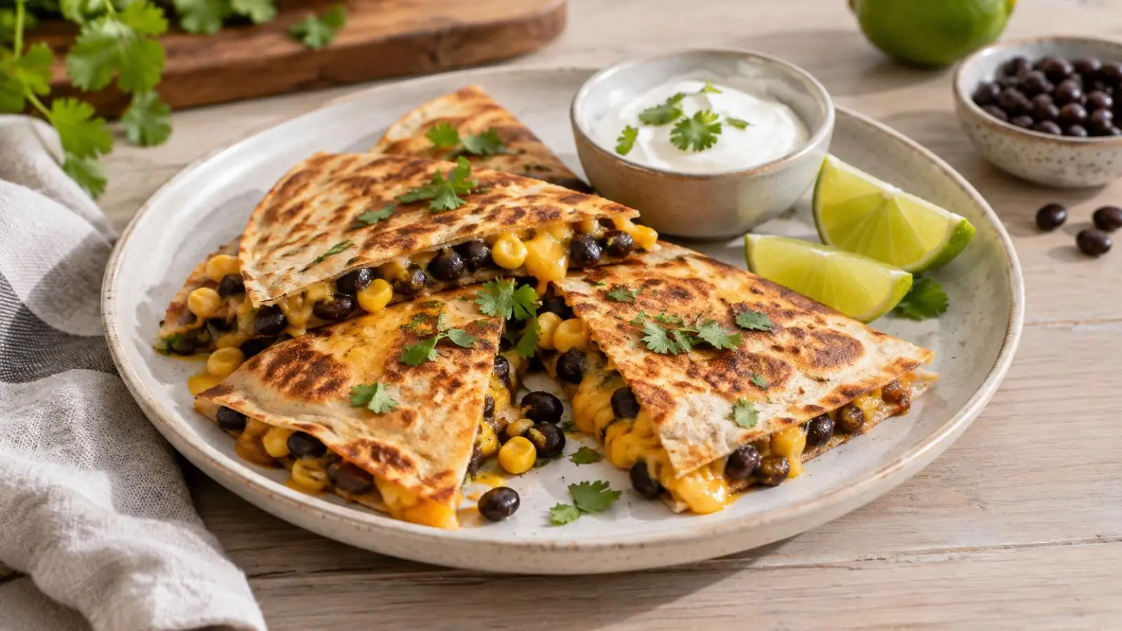 Sprøde quesadillas med sorte bønner, majs og smeltet ost serveret med cremefraiche og lime