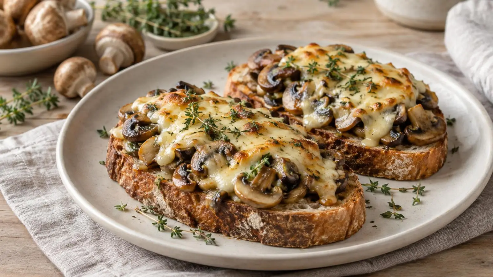 Sprød svampetoast med gyldne champignon, timian og smeltet ost på en lys tallerken